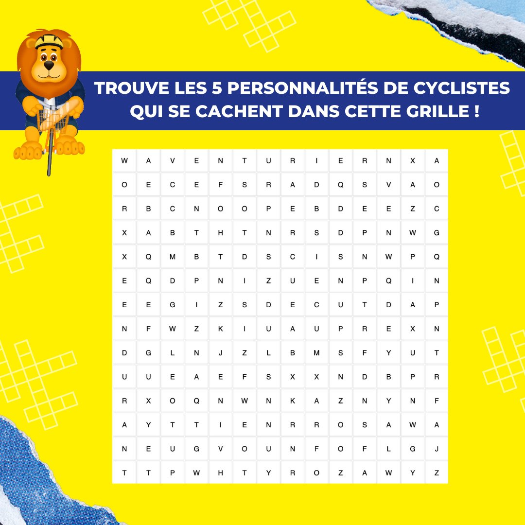 🔍 Êtes-vous prêts à mettre votre sens de l'observation à l'épreuve ? 🕵 Déchiffrez notre grille et trouvez les 5 personnalités de cyclistes dissimulées ! 
Soyez attentifs 🧐 une Wonderbox “100% Vélo” est à gagner 🎁 
👉 TAS le 06/06 #BonneChance