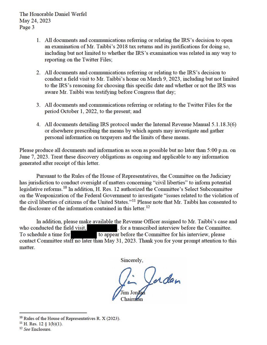 The IRS opened a case on me on a Saturday, Christmas Eve 2022, which just happened to coincide with a major Twitter Files report on FBI/intelligence community ties to tech platforms. This is revealed in a new letter to the IRS Commissioner by House Judiciary Chair @Jim_Jordan: