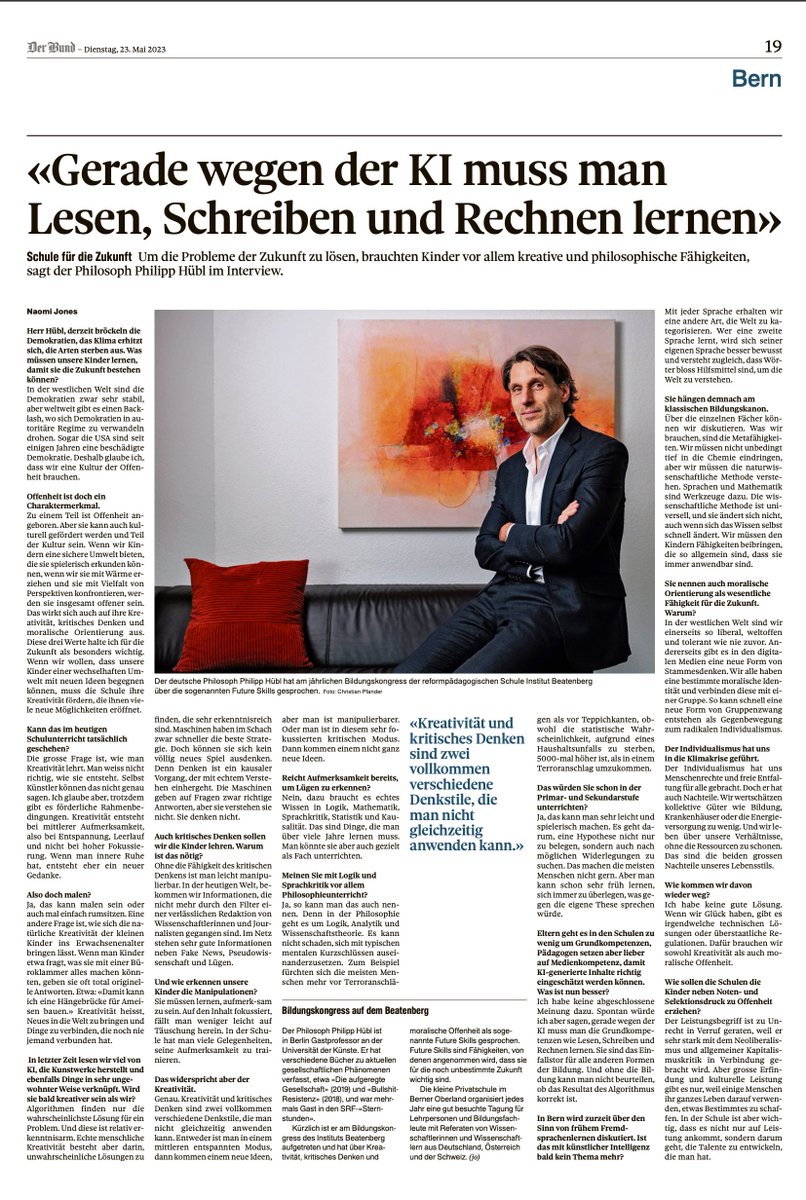 Die Schule der Zukunft: Die neuen Fächer müssen "Kreativität", "kritisches Denken" und "Ethik" lauten, um in Zeiten von Künstlicher Intelligenz, Fake News und digitalem Konformitätsdruck zu bestehen. 

Im Interview mit dem Schweizer "Bund".