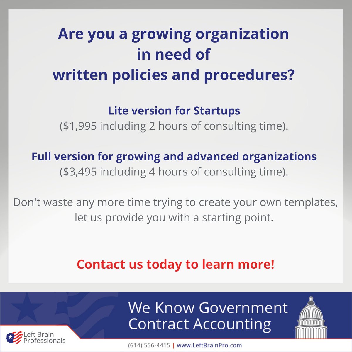 Are you a growing organization or startup in need of written policies and procedures?  Don't waste any more time trying to create your own templates, let us provide you with a starting point.  Click the link to learn more! bit.ly/3LjI4ii
