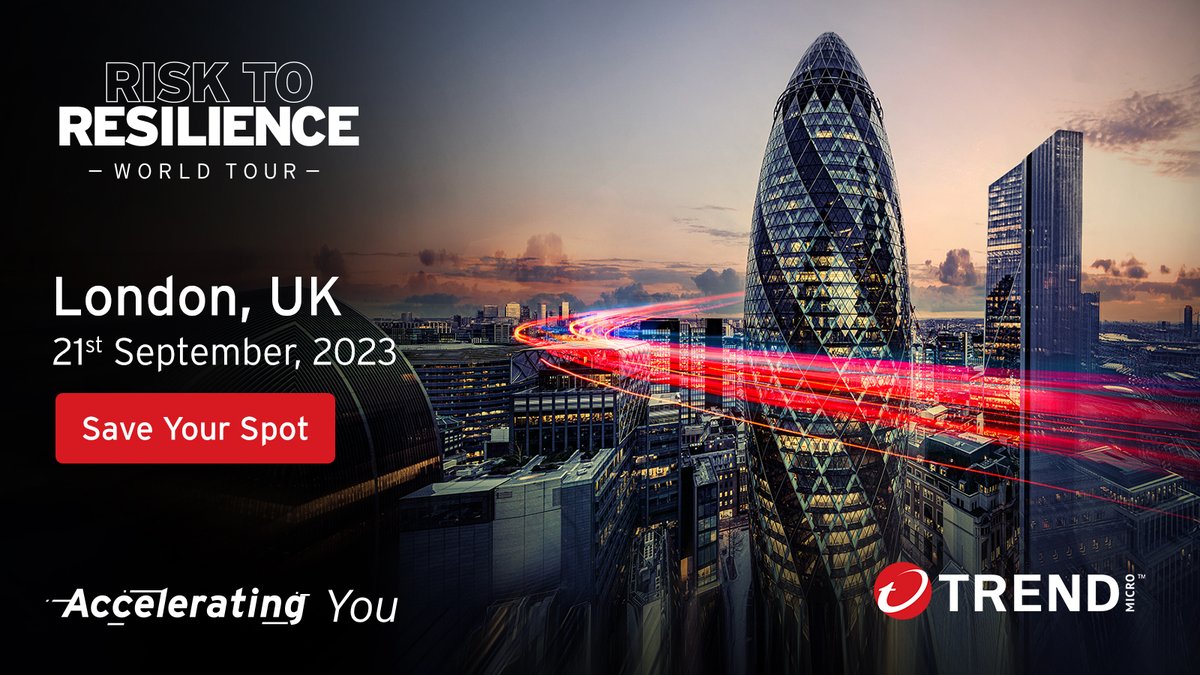JonnyW_S's tweet photo. The threat landscape is rapidly evolving and so are we. Want to find out more? Join us on Thursday, 21st September at the Trend Micro’s Risk to Resilience event in London and learn how you can take control of your risk posture. 

https://t.co/6Ts7Nib9yj #RiskToResilience https://t.co/vz53YxK9sA