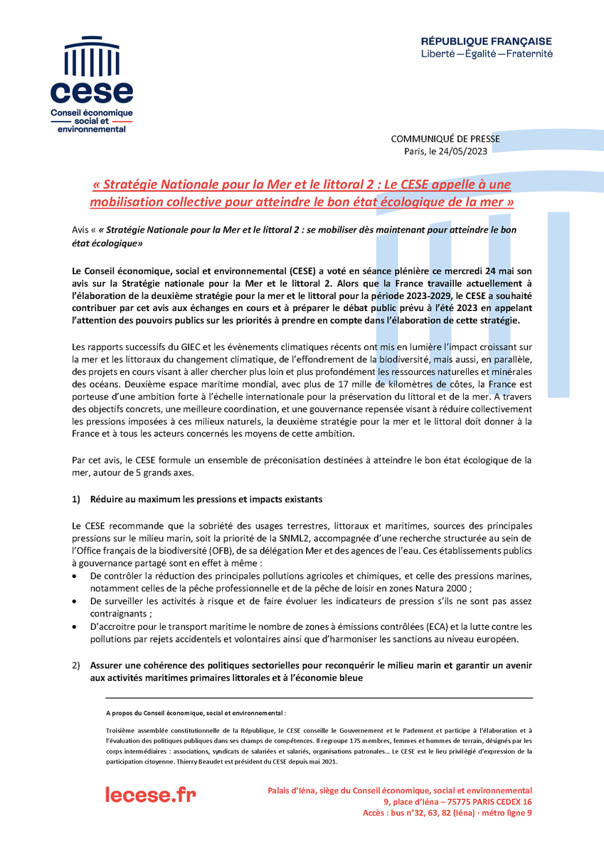lecese's tweet photo. COMMUNIQUÉ DE PRESSE 🗞
"Stratégie Nationale pour la Mer et le littoral 2 / #SNML2 : Le CESE appelle à une mobilisation collective pour atteindre le bon état écologique de la #mer"
En savoir plus ⤵️ https://t.co/ixLcrGAeju