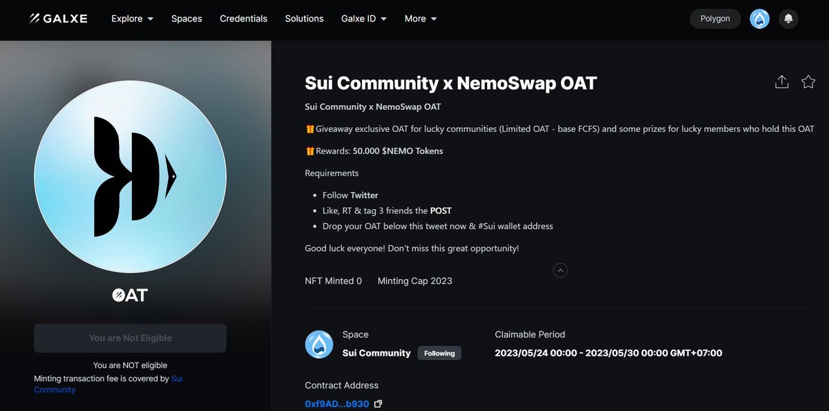 Sui Community x <a href="/Nemo_Swap/">Nemo Swap</a> OAT🪂

Giveaway exclusive OAT for lucky communities (Limited - FCFS) and some prizes for lucky members who hold this OAT🧧

Claim OAT
galxe.com/suicommunity/c…

🎁Prizes: 50.000 $NEMO Tokens

Drop your #Sui wallet below this event

#Sui #SuiCommunity #OAT