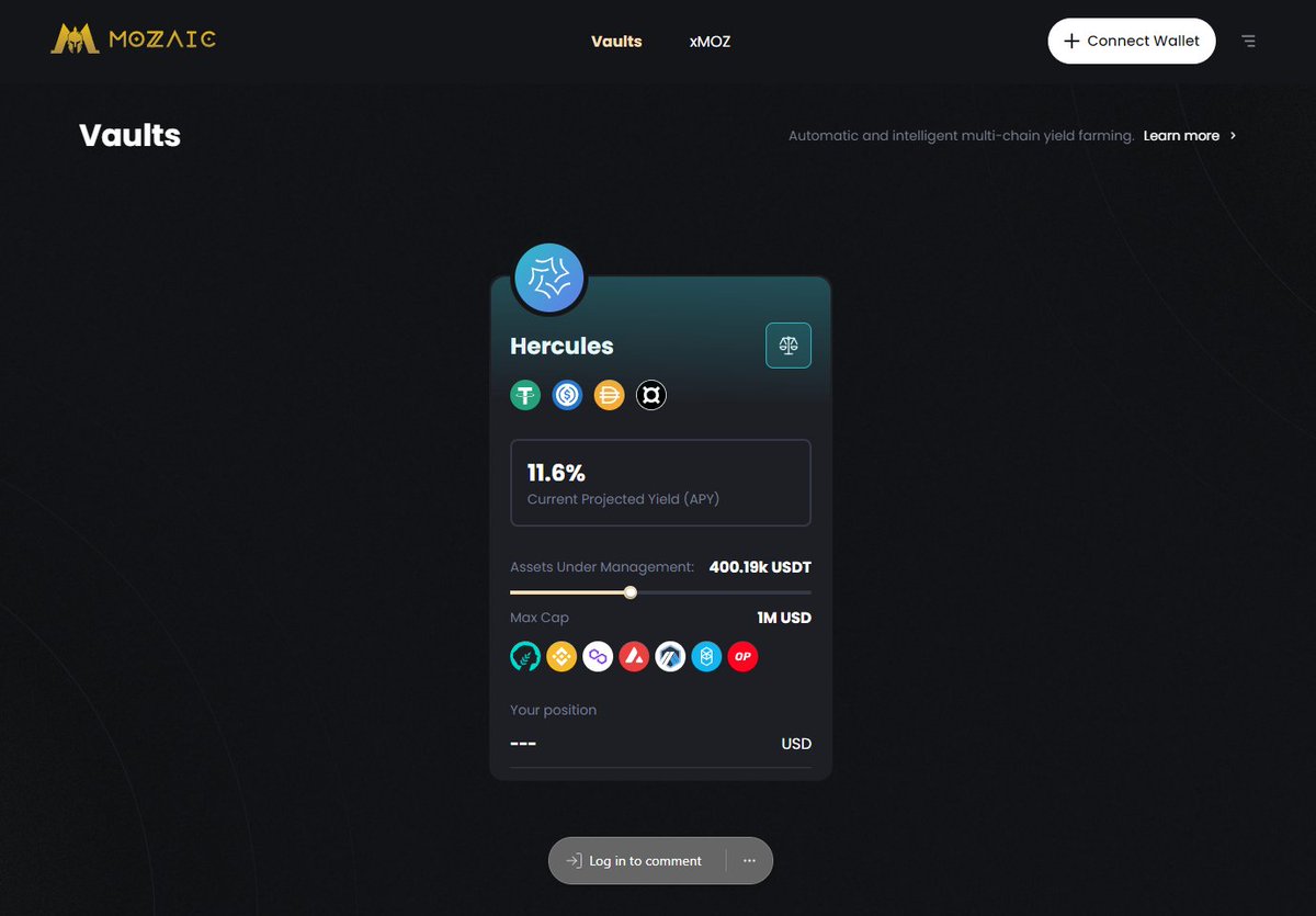 Honored to be chosen as an Alpha tester for the <a href="/Mozaic_Fi/">Mozaic Finance</a> dApp demo! 🚀

A 🧵including pics and a sneak peak on what to expect on launch:

Below, we have the landing page. This includes their initial vault, "Hercules" 
👇