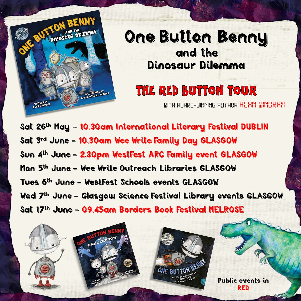 akwindram's tweet photo. On the road with #OneButtonBenny, and I can't wait.
Come along to these events if you can. Please share to anyone with children who love a bit of singing, #robotdancing and stories.
Check out the event websites for more details and to book tickets for the public events (in red ;) https://t.co/8RVSaddT0X