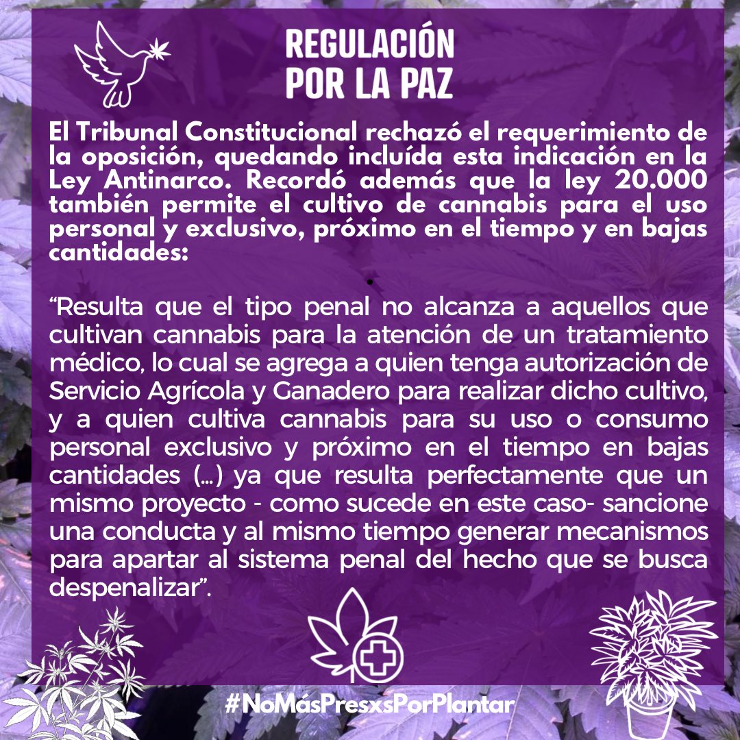 Publicada Ley Antinarco en Diario Oficial. 

¡Lo logramos, es Ley!✊🧡🪴

Ya es oficial  “Ley Antinarco” con el tan esperado inciso 2 del artículo 8 de la ley 20.000, que reconoce la receta médica como causal de justificación para el cultivo medicinal de cannabis.👏🏻

El Estado de