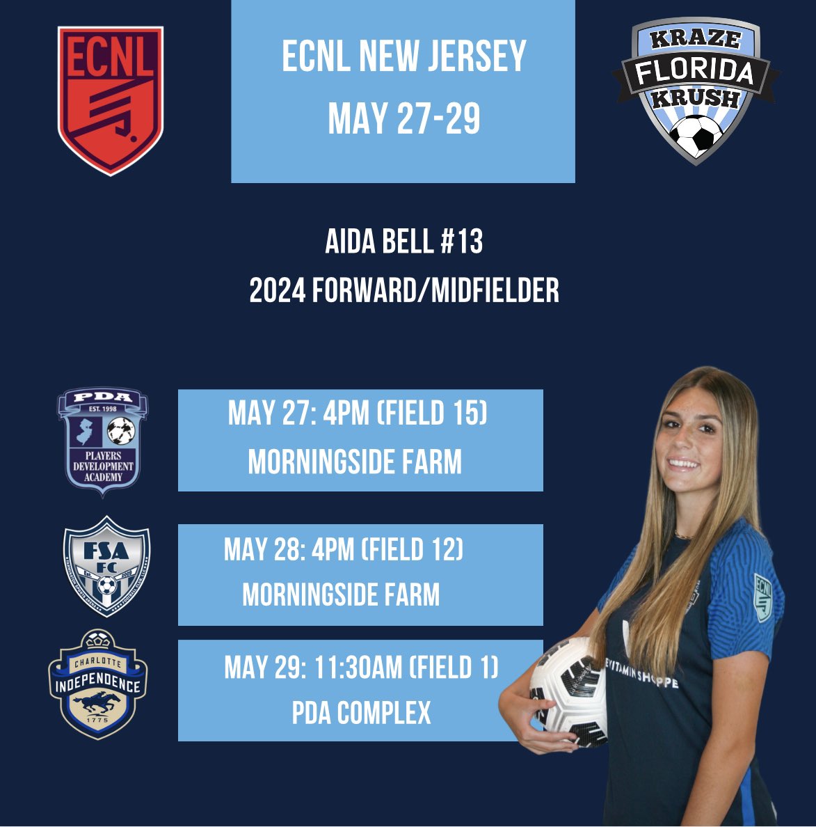 Aida Bell (@aidabell13_) on Twitter photo So excited for the New Jersey ECNL Showcase this weekend. Come watch my teammates and I play! <a href="/ECNLgirls/">ECNL Girls</a> <a href="/FlKrazeKrush/">Florida Kraze Krush</a> <a href="/PrepSoccer/">Prep Soccer ⚽️</a> <a href="/TopDrawerSoccer/">TopDrawerSoccer</a> <a href="/ImYouthSoccer/">ECNL/GA/Recruiting/College Soccer</a> <a href="/ImCollegeSoccer/">College Soccer Truth ™</a> <a href="/TheSoccerWire/">SoccerWire</a> So excited for the New Jersey ECNL Showcase this weekend. Come watch my teammates and I play! <a href="/ECNLgirls/">ECNL Girls</a> <a href="/FlKrazeKrush/">Florida Kraze Krush</a> <a href="/PrepSoccer/">Prep Soccer ⚽️</a> <a href="/TopDrawerSoccer/">TopDrawerSoccer</a> <a href="/ImYouthSoccer/">ECNL/GA/Recruiting/College Soccer</a> <a href="/ImCollegeSoccer/">College Soccer Truth ™</a> <a href="/TheSoccerWire/">SoccerWire</a>