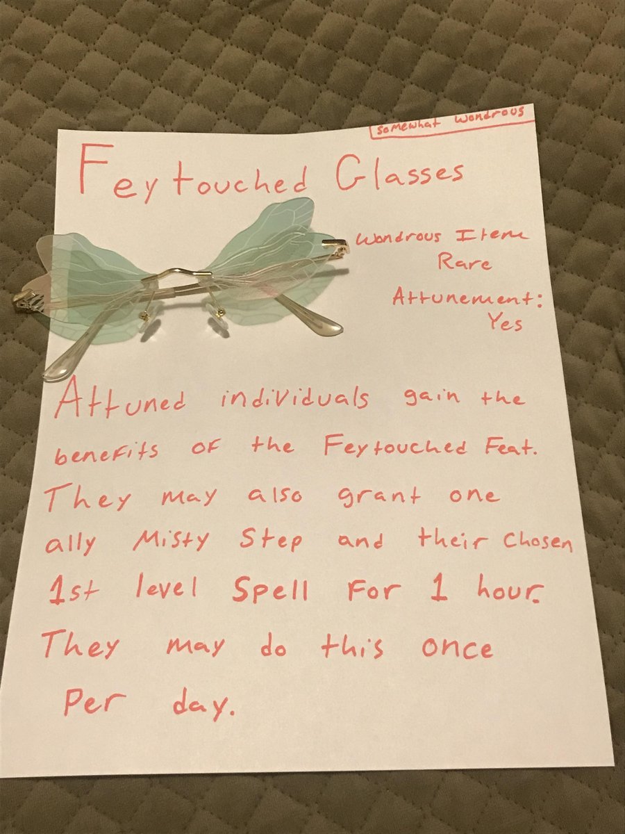 Feytouched Glasses: Wondrous Item

#dnd #dnd5e #dndart #dndhomebrew #dungeonsanddragons #dungeonsanddragons5e #homebrew5e #magicitem #magicitems #wondrousitem #glasses #fey #fairy #magic