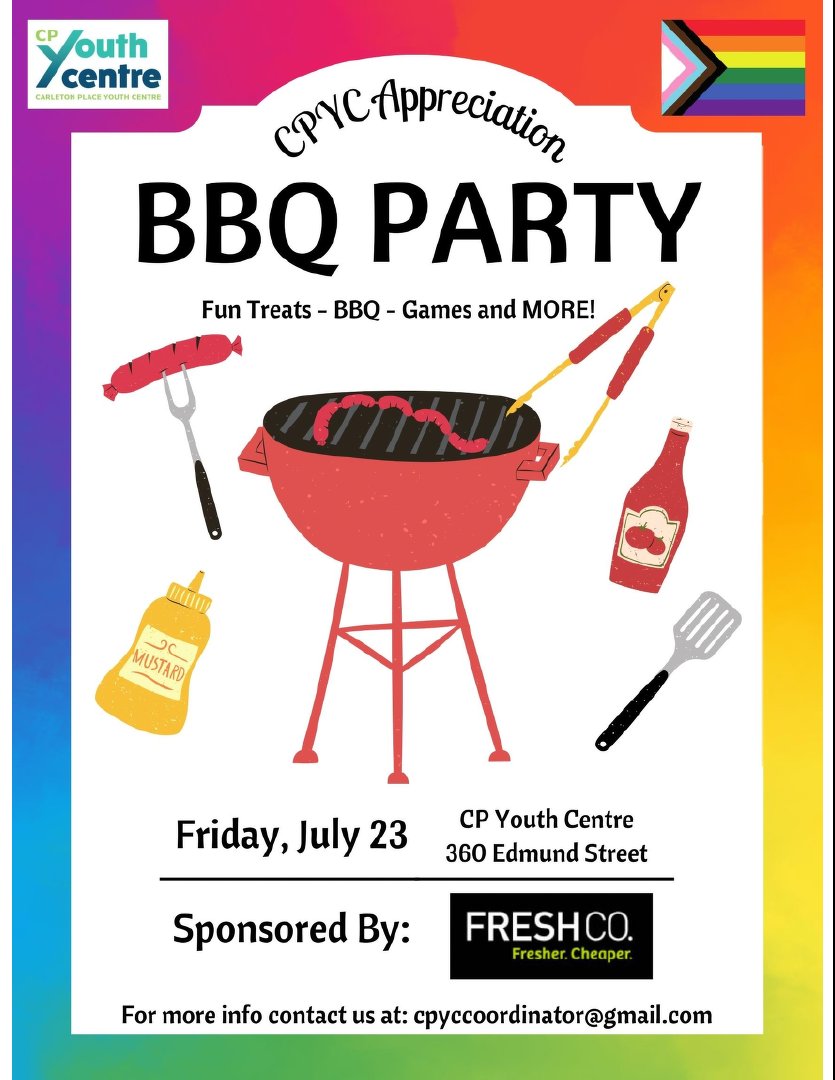 CarletonPlaceYC's tweet image. CPYC Community Pride &amp;amp; Appreciation BBQ Party! Friday June 23 4:30 to 7 PM! All ages! Show your true colours! We've got an evening of fun treats, BBQ eats, and cool games to beat!
For more information contact us at: CPYCcoordinator@gmail.com
cpyouthcentre.org