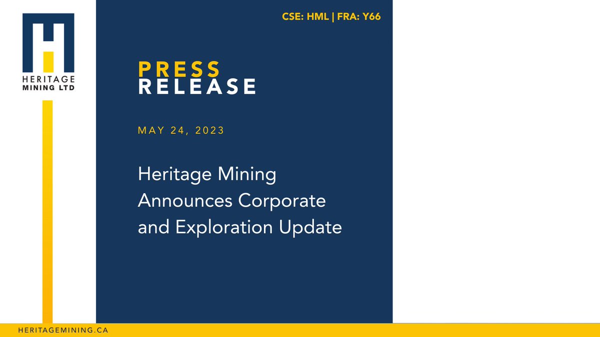 Heritage Mining Announces Corporate and Exploration Update

ow.ly/SUca50OvIGZ

$HML | FRA: Y66
#News #NewsRelease #Mining #Gold #Au #Investing #Exploration