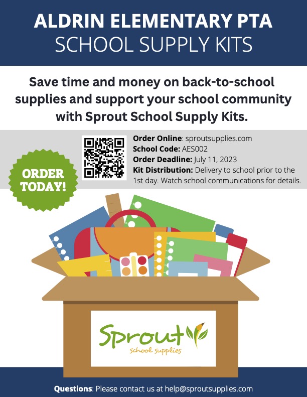 School-supply kits for next year are now on sale! Order in advance, and the kits will be ready for you at the Open House in August! Order deadline July 11. Order at sproutsupplies.com and use school code AES002.