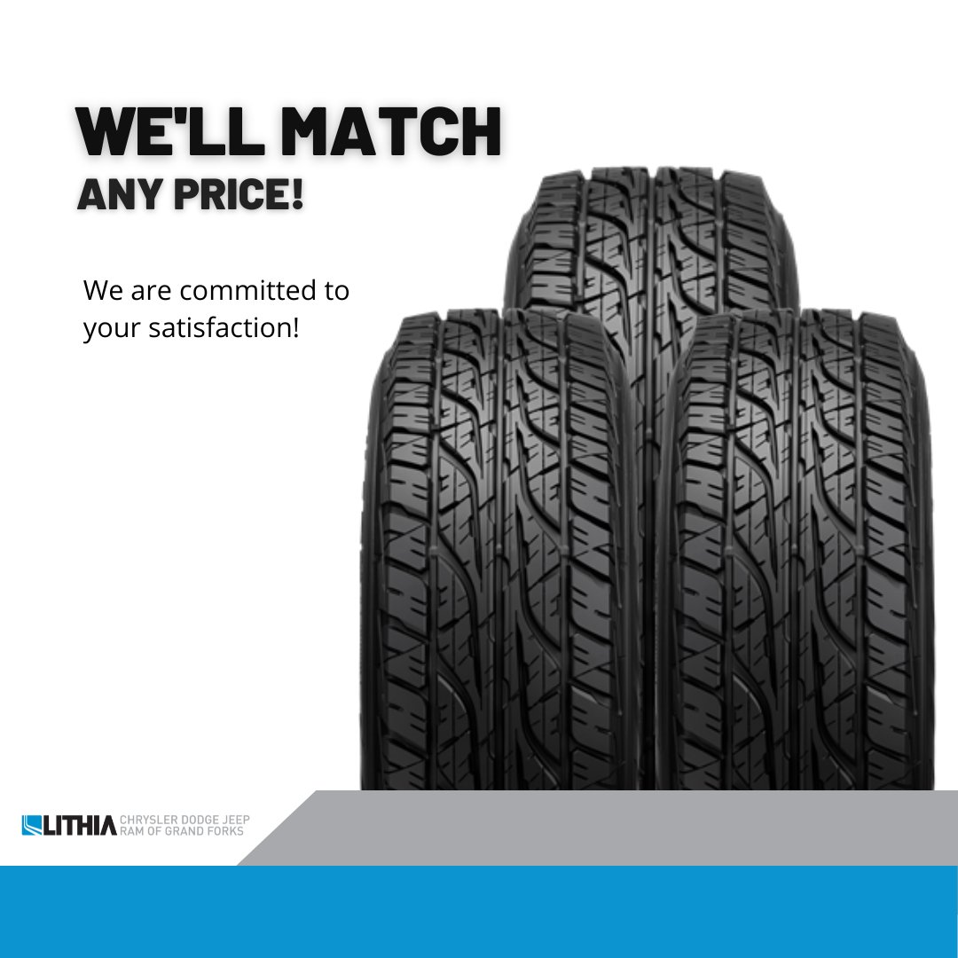 Get a great deal on new tires! 🚙
We'll match any competitive tire price on the brands we sell. Visit bit.ly/3PqDv5N for additional details! 😉

#tires #cartires #newtires #wheelalignment #tirerotation #chryslerjeepdodgeofgrandforks