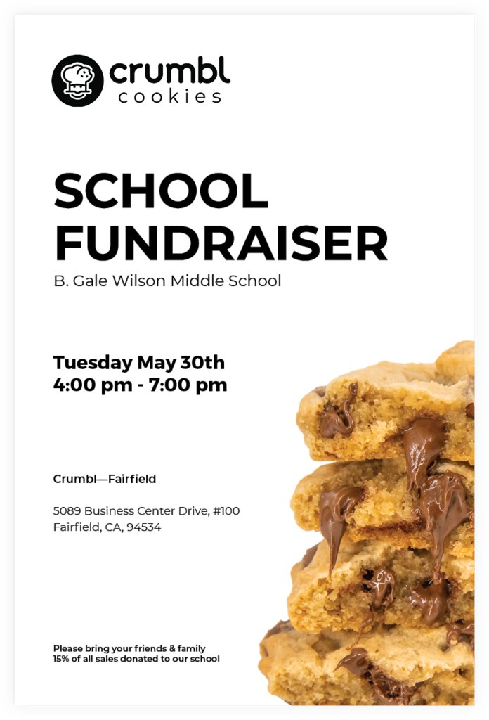 CRUMBLE COOKIES
Last Dine &amp; Donate to help raise funds for our school before summer!
Tuesday, May 30th 4:00-7:00 PM
5089 Business Center Drive, #100 
Fairfield