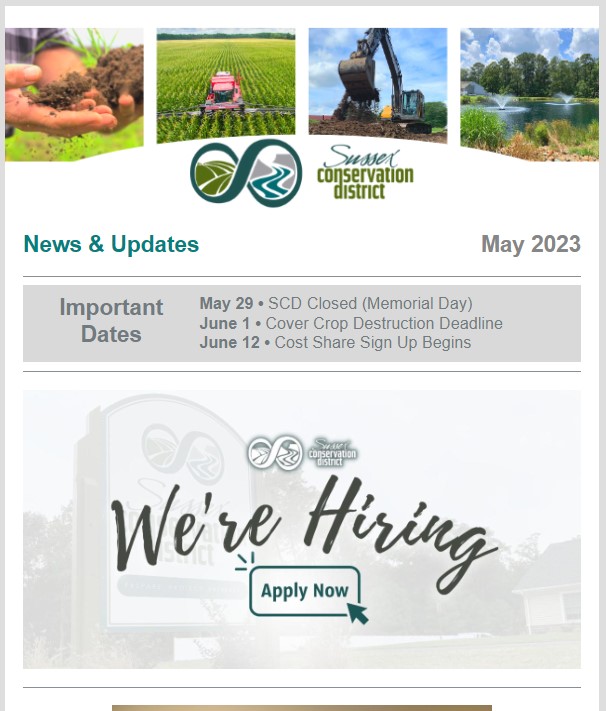 ICYMI - May 2023 News &amp; Updates
- We're Hiring
- Governor's Conservation Awards
- Envirothon
- Cost Share Reminders
- Wetlands Month

Read more: conta.cc/3MtGvgn