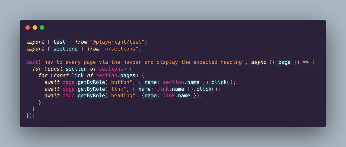 Web app testing tip: 

1. Store all your links and headers in an array
2. Use the array to generate your nav bar
3. Use the array to generate a test that navigates to every page and checks for the expected header.

I just did this in <a href="/playwrightweb/">Playwright</a> with ~7 lines of code! 🔥

👇
