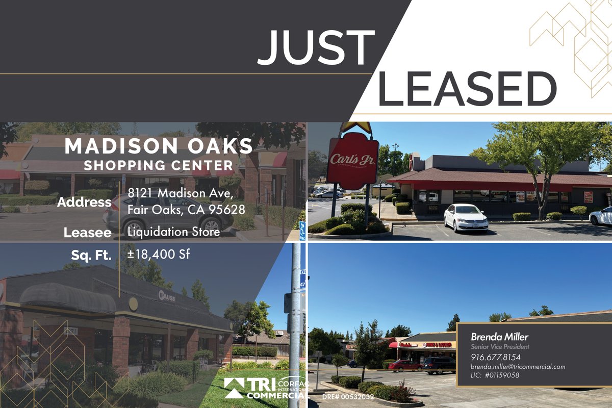TRIcommercial's tweet photo. JUST LEASED | Madison Oaks Shopping Center
A Liquidation Store just leased 18,400 SF in busy shopping center on the corner of Madison Ave  and Fair Oaks Blvd. https://t.co/UX1rBCBNRl