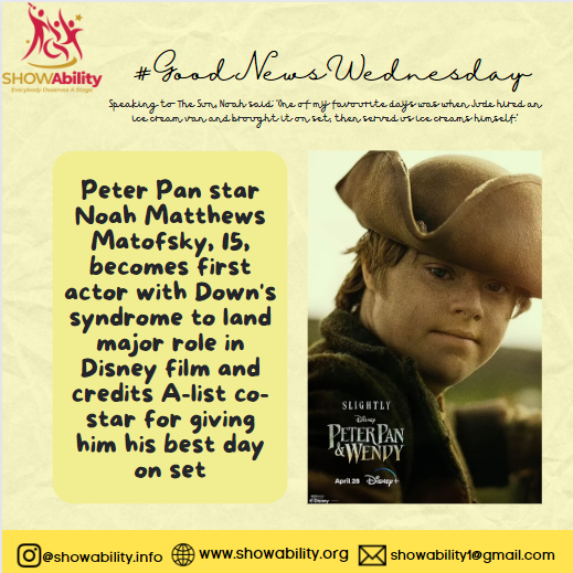 SHOWAbility_org's tweet image. #InclusiveMagic: Noah Matthews Matofsky, the trailblazing star of Disney's Peter Pan on #DisneyPlus. Breaking barriers as the first actor with Down's syndrome to land a major role, Noah thanks his A-list co-stars for unforgettable moments on set! Have you watched it yet?