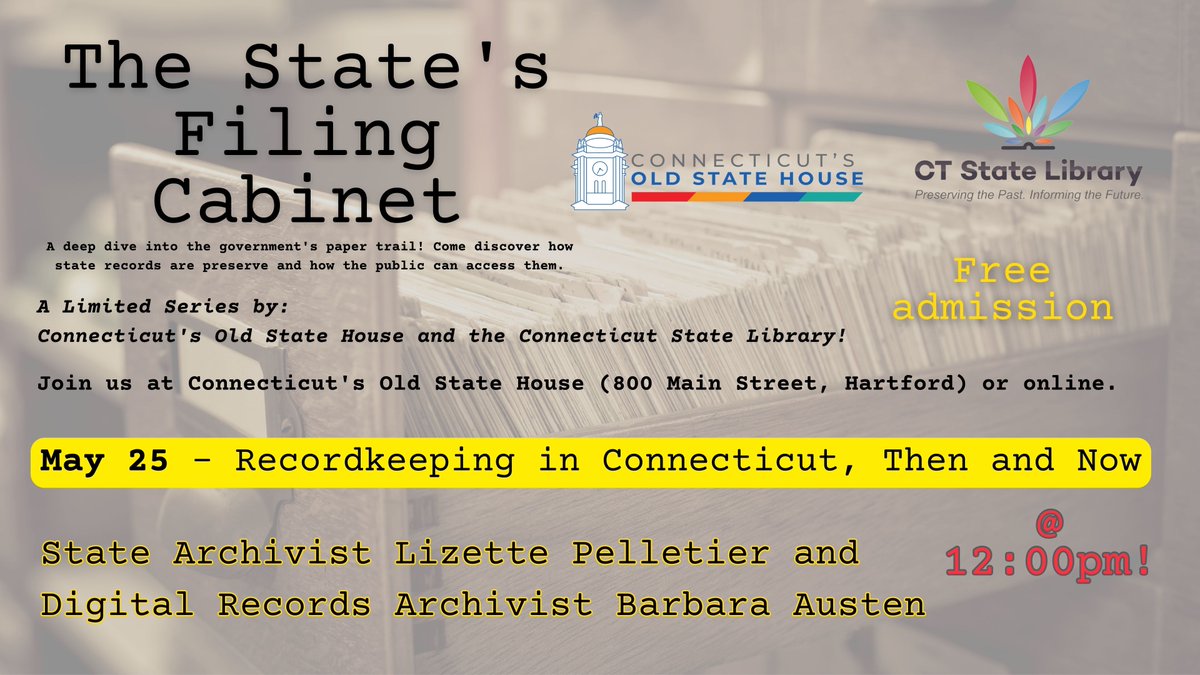 CTOldStateHouse's tweet image. Join us TOMORROW at 12pm for our in-person event  -Recordkeeping in Connecticut, Then and Now. Experts from Connecticut's State Archives will take us on a journey through the history of recordkeeping.  Registration: bit.ly/OSH2023StatesF…