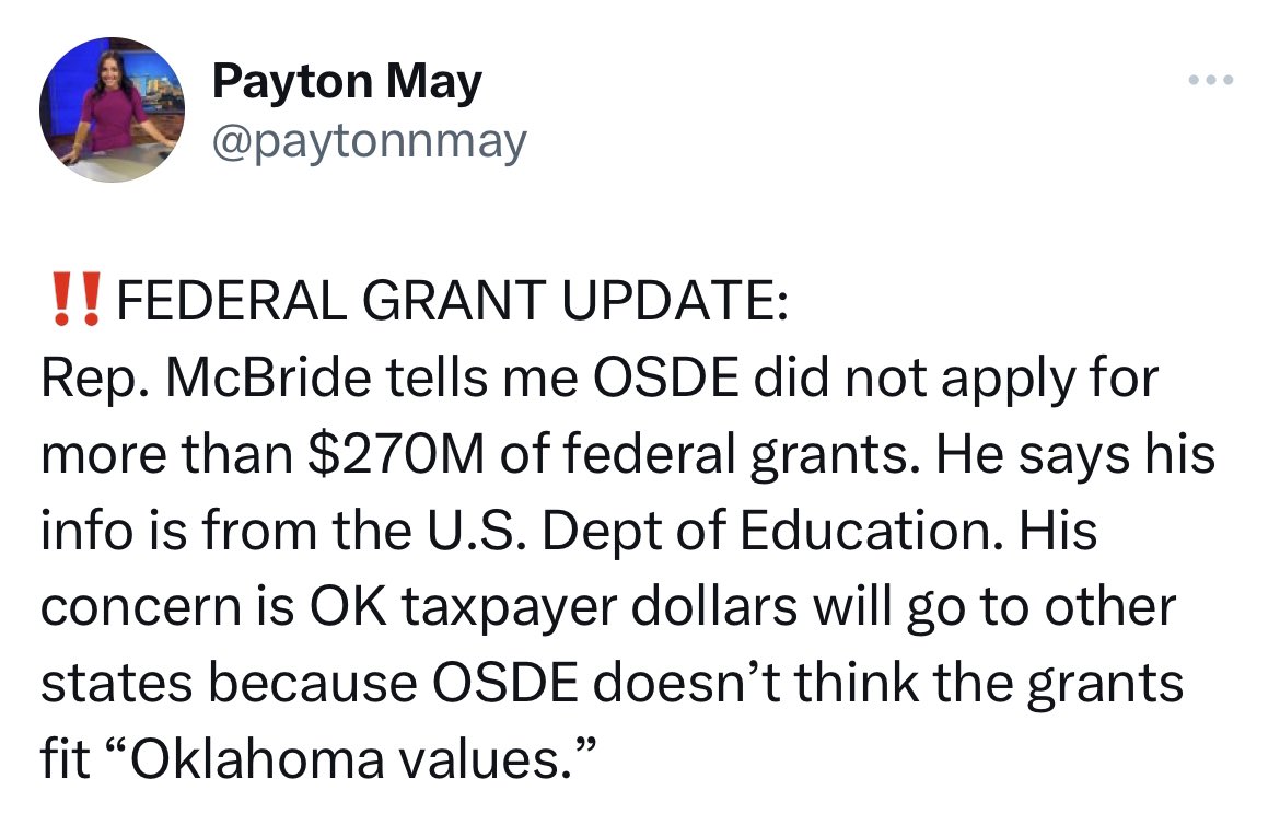 MickeyDollens's tweet photo. Dereliction of duty: Passing up $270M in federal grants for our public schools and then lying to the legislature &amp; the people of Oklahoma about it. @RyanWaltersSupt @OKHouseGOP @paytonnmay https://t.co/dAUt5I87Au