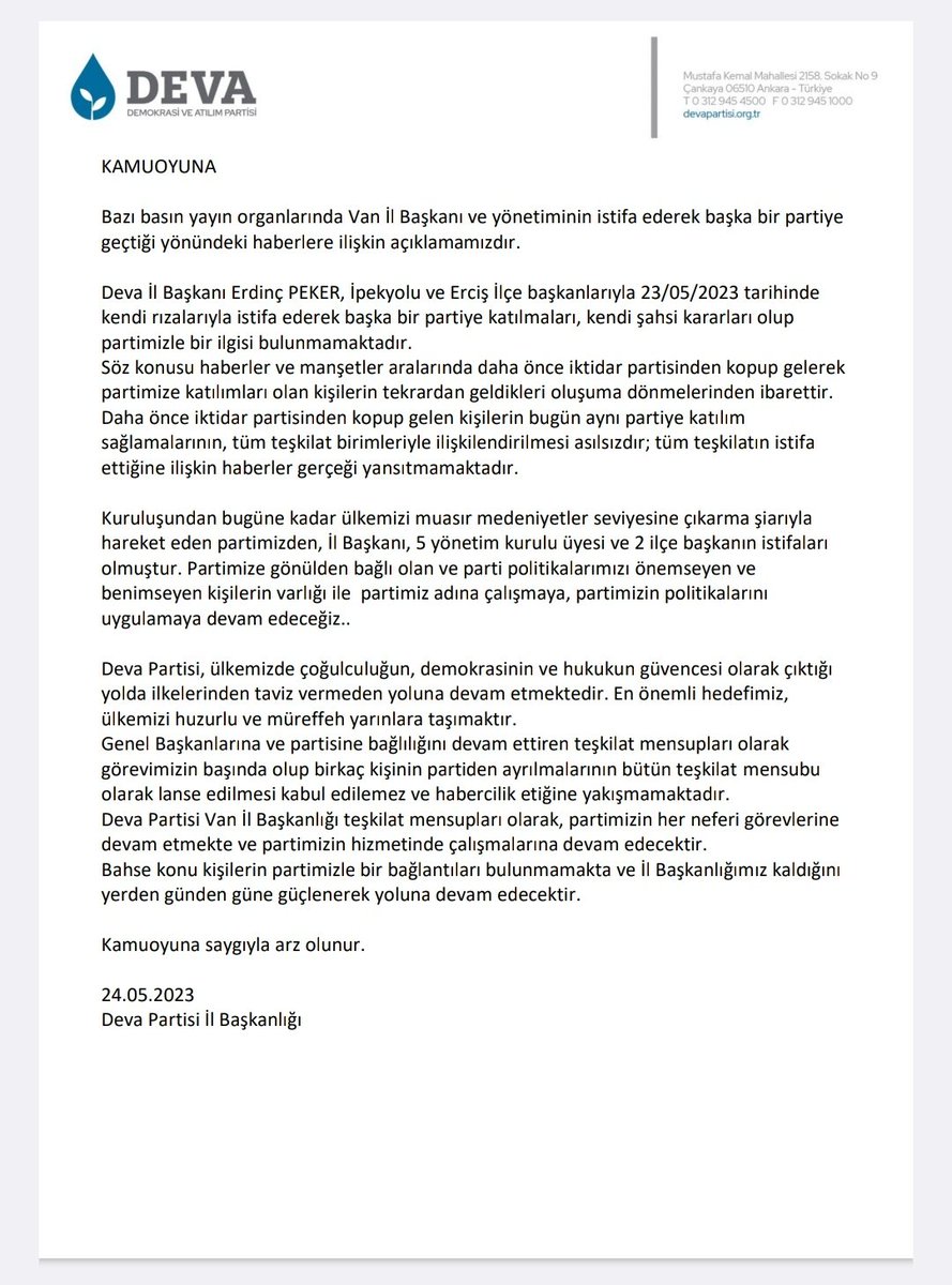 SemaHakanDeva's tweet photo. Bazı basın yayın organlarında Van İl Başkanı ve tüm yönetiminin istifa ederek başka bir partiye geçtiği yönündeki haberlere ilişkin tekzip açıklamamızdır. @devapartisi @alibabacan https://t.co/ExuFgaB8MK