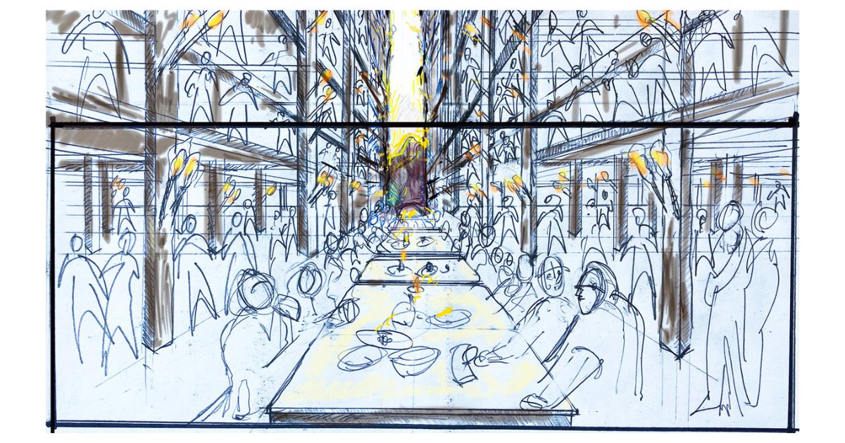 Sketch by Production Designer Dominic Hyman for Uhtred’s Valhalla Feasting Hall vision, and original untreated frame before VFX transformation by the brilliant @BlueBoltVFX #SevenKingsMustDie #TheLastkingdom