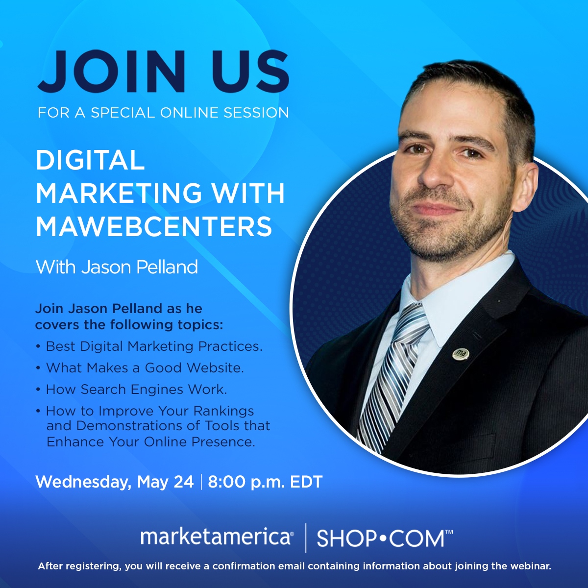 MarketAmerica's tweet photo. 🚨Digital Marketing with MAwebcenters🚨
Who: Jason Pelland
What: Digital Marketing
When: TODAY - May 24 @ 8 PM EDT
Where: Zoom
Click the link below to register!
🔗https://t.co/fgNIDRCYyb
#MarketAmerica | #MAwebcenters https://t.co/yxn35XTQQN