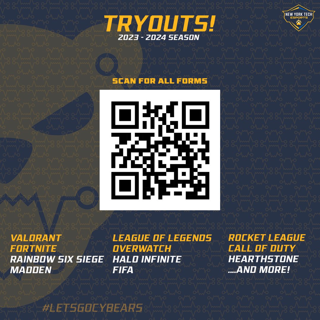 NYIT_Esports's tweet photo. New York Tech Esports is recruiting for our 2023 - 2024 season. We are looking to grow on an incredible 2022- 2023 season.

All Forms: https://t.co/aXguG3Lh0M

We also have a number of volunteer positions available. See thread for full list of games. 1/2

#LETSGOCYBEARS https://t.co/K45gSYzMSL