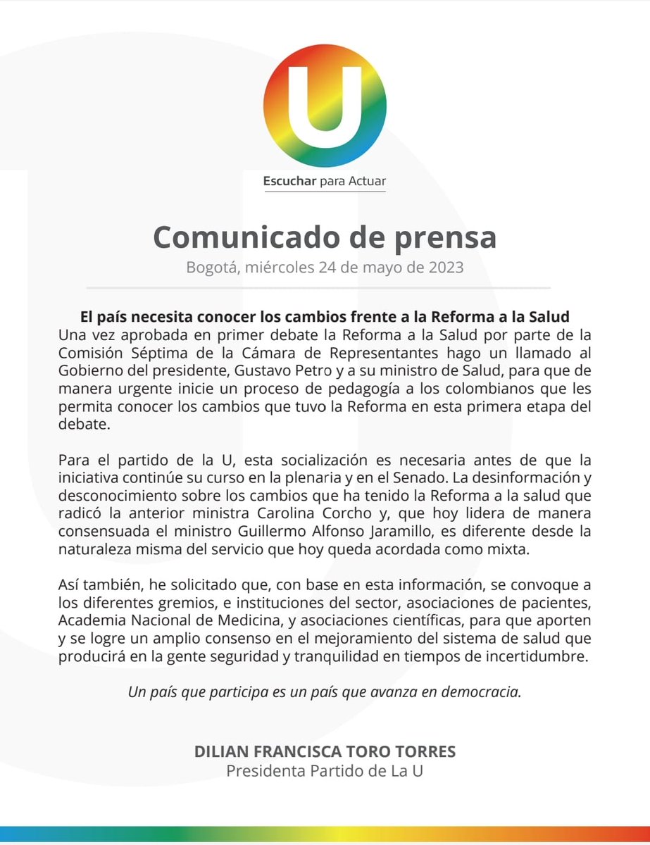 DilianFrancisca's tweet photo. Hago un llamado al Gobierno para iniciar de forma urgente una pedagogía a los colombianos que les permita conocer los cambios que tuvo la Reforma a la Salud en esta primera etapa del debate en la Cámara de Representantes; socialización que desde La U consideramos necesaria antes de continuar su curso en el Congreso. 

Además, que se convoque a representantes e instituciones del sector salud, para que con base a esta información, aporten su conocimiento y se logre un amplio consenso en el mejoramiento del sistema de salud.  📰⬇