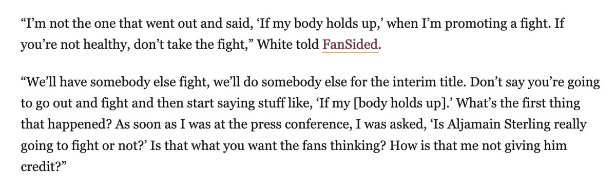 So Dana White dismisses the idea that he's not giving Aljamain Sterling credit but in the same breath he also suggests that they'd do an interim title if Aljo isn't ready to defend his belt again THREE MONTHS after his last five-round title fight? Madness. mmafighting.com/2023/5/23/2373…