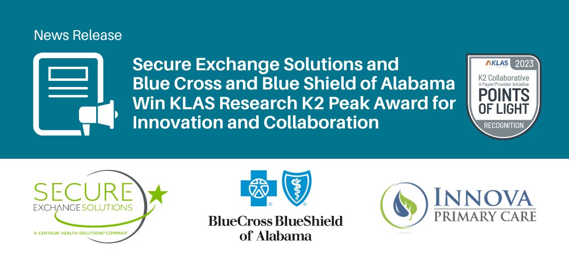 Secure_Exchange's tweet photo. [News Release]  Secure Exchange Solutions  along with Blue Cross and Blue Shield of Alabama and Innova Primary  Care, won the first K2 Peak Award at the #K2Summit2023! #BCBSAL #KLASPointsofLight #PayerProviderRelationships | https://t.co/FjtPN64LgZ https://t.co/UAI7PhNXsy