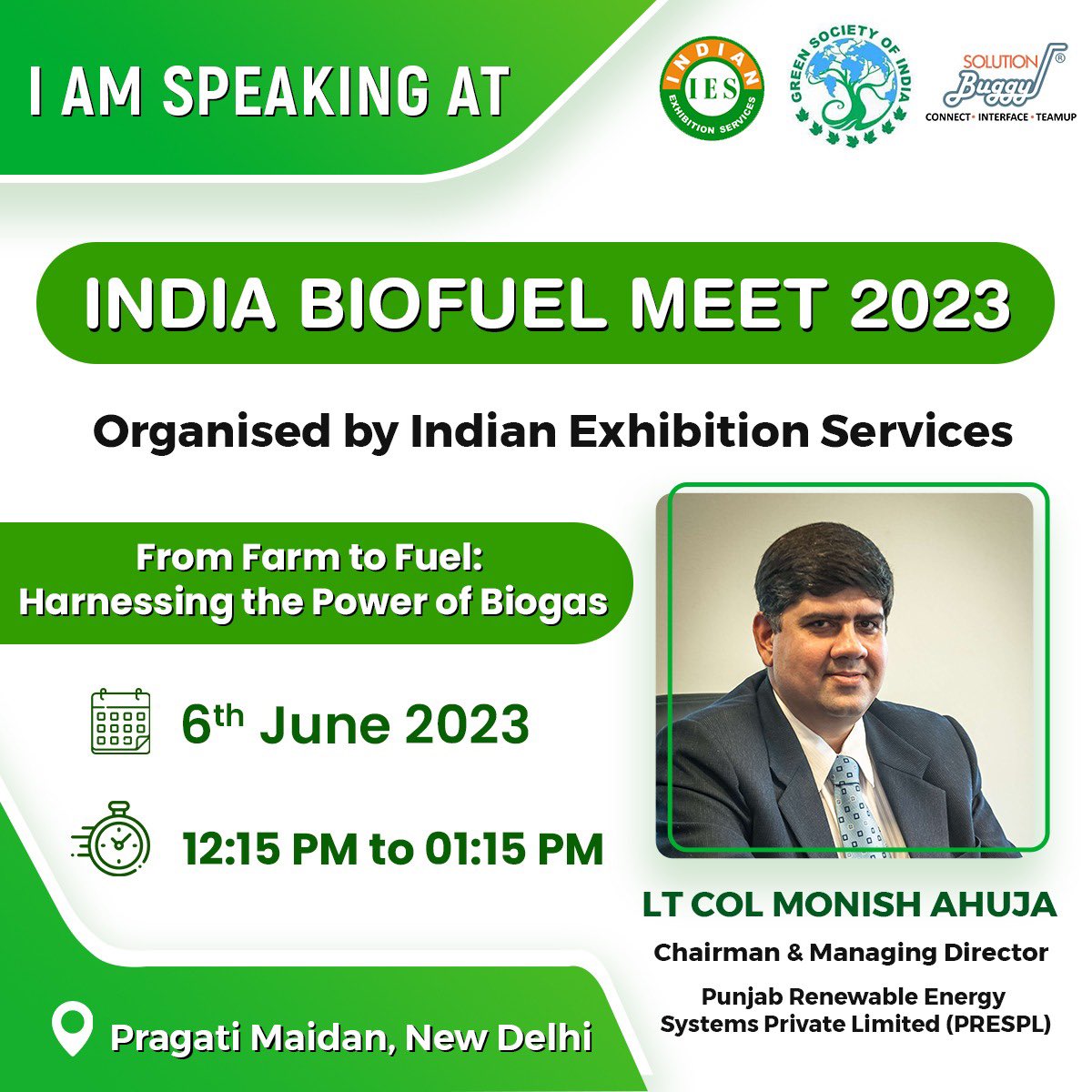 PRESPLdesk's tweet photo. CMD @PRESPLdesk Lt Col @Monish_Ahuja &amp; Chairman @CBEIIdesk Speaking at @biofuel_expo @IES_Gh event on 05-06 June 2023

Many industry associations participating in India 🇮🇳- Global level participations

@g20org - International Bioenergy Alliance

@PMOIndia @PetroleumMin @mnreindia https://t.co/LEvR2JRnJr