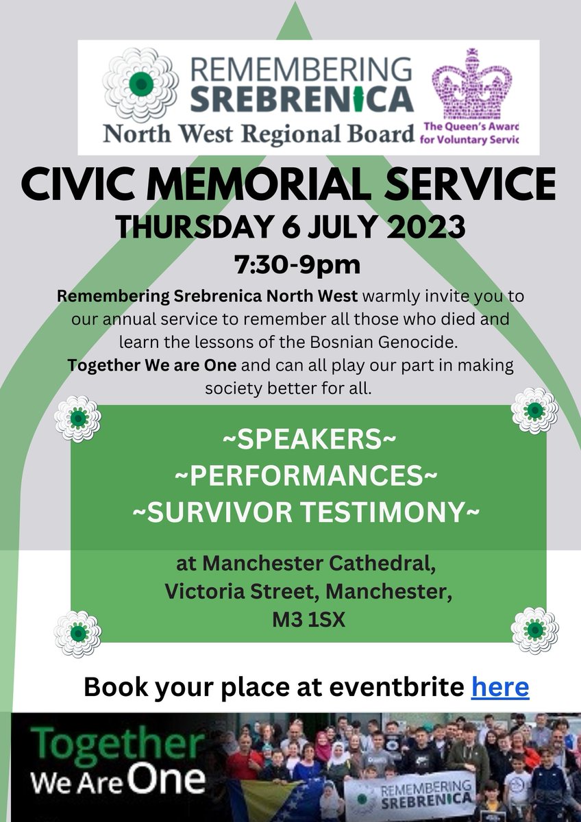 We are very pleased to announce our annual Civic Memorial Service is again being held at the wonderful @ManCathedral on Thurs 6 Jul 7.30pm-Please come & join us - all welcome. Book here: https://…lServiceSrebrenica28.eventbrite.co.uk #WeAreOne