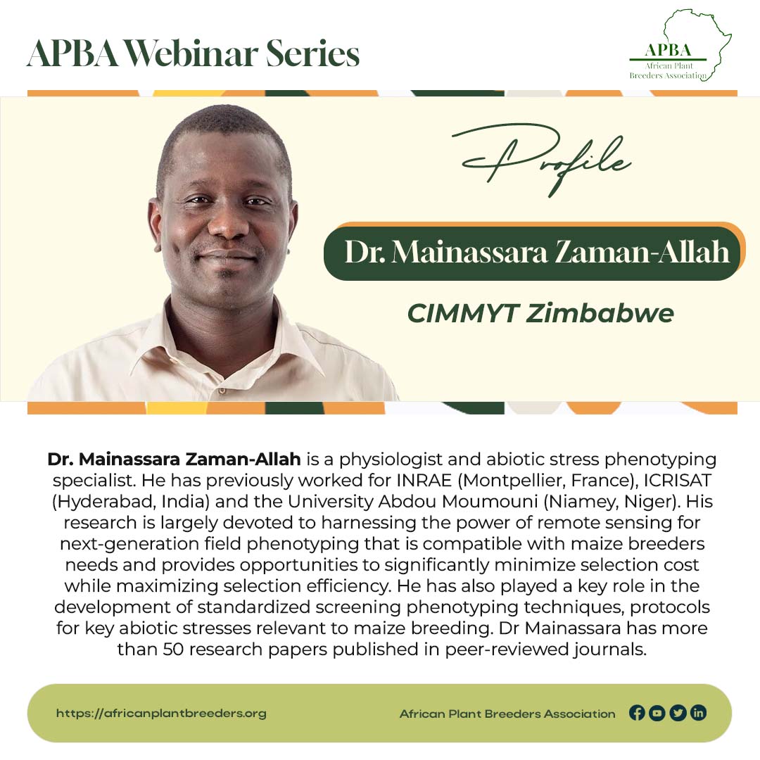 Save the date! On June 7th, we're diving deep into phenotypic evaluation in maize breeding. Join us for a virtual webinar featuring Dr. Mainassara Zaman-Allah. Register today and stay ahead of the curve: tiny.cc/apbass
#APBAWebinar #MaizeBreeding #PhenotypicEvaluation