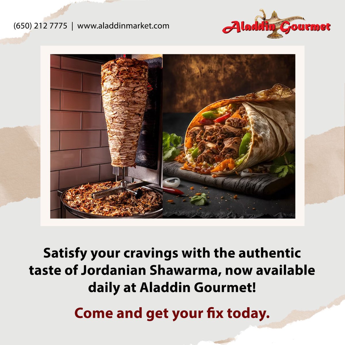 aladdingourmets's tweet photo. Satisfy your cravings with the authentic taste of Jordanian Shawarma, now available daily at Aladdin Gourmet!

Come and get your fix today.

#AladdinGourmets #JordanianShawarma #CravingSatisfaction #AuthenticTaste https://t.co/Pz8pVA9C3n