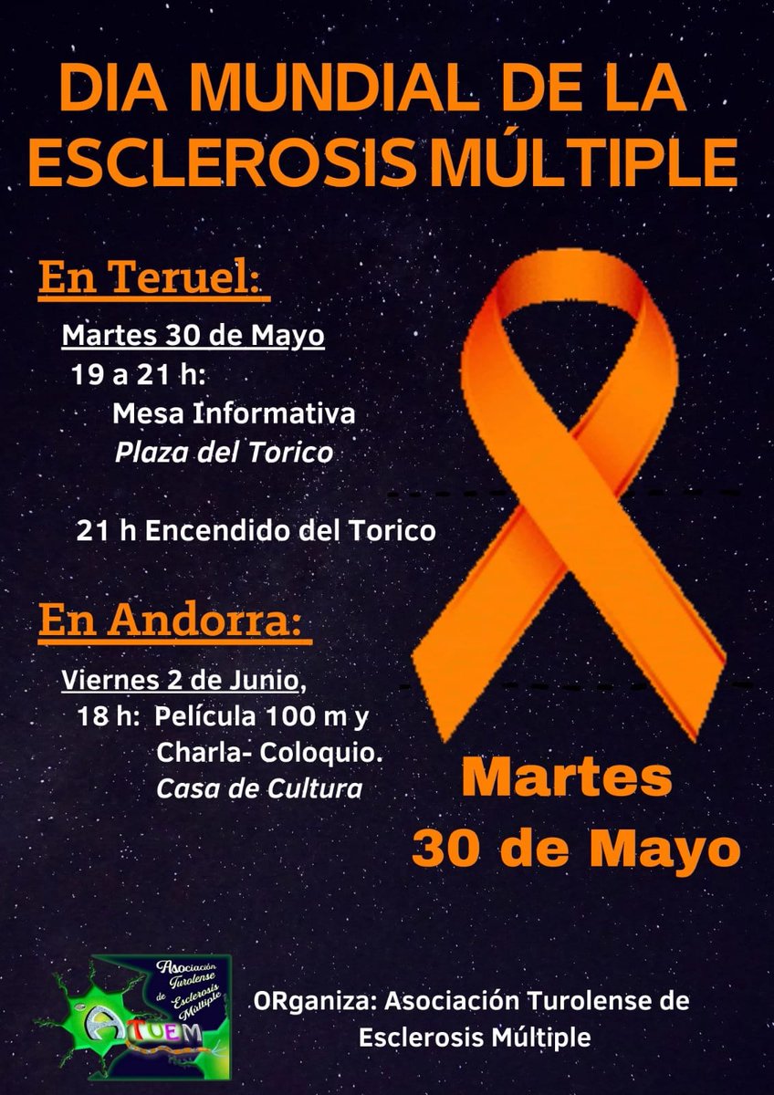 atuemteruel's tweet photo. Actos que organiza #ATUEM con motivo del #DiaMundialEsclerosisMultiple.
Os esperamos en este día de visibilidad y reivindicación.
Más información en
https://t.co/HI7vYIxyXQ https://t.co/L0xyHv0exd