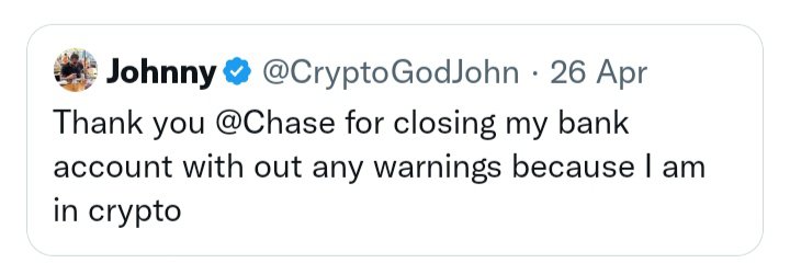 1CryptoGoddJohn's tweet photo. LOL chase re opened my bank account has now has closed it again 

Officially done with this bank forever https://t.co/YE4upjUOaE