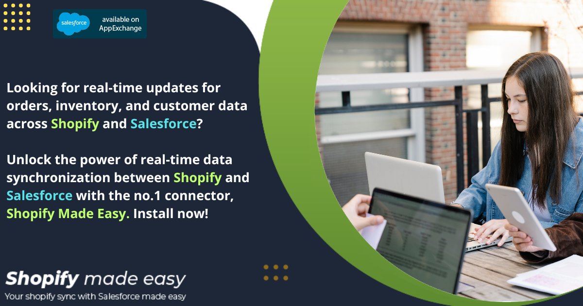 SyncMadeEasy's tweet photo. Achieve Real-Time Data Integration between Shopify and Salesforce for Enhanced Customer Experiences and Sales Growth with Shopify Made Easy!! Check out the app today! https://t.co/YHSV7AgAeh @Shopify @ShopifyPlus @ShopifyDevs @appexchange  #connect #integrationtool #Shopify https://t.co/34cVYXFoip