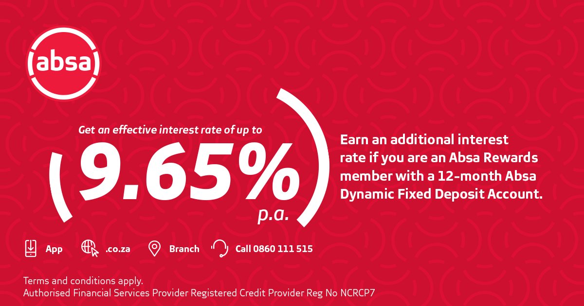 KFMza's tweet photo. Win up to R10 000 this week with the Absa Dynamic Fixed Deposit Account and Absa Rewards. 

Just comment why you need to start saving and what your end goal is. Tag @KFMza and use #AbsaDynamic to enter. 

T&amp;C apply.
https://t.co/udm2L6ynHd

#Sponsored https://t.co/ch4rHOTWJd