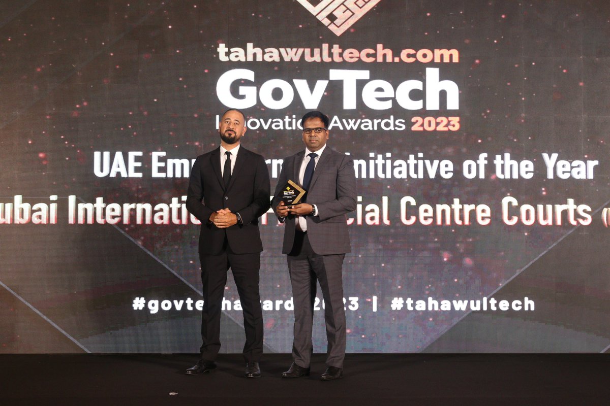 DIFCCourts's tweet photo. We would like to express our gratitude to @tahawultech for awarding the #DIFCCourts 'UAE Empowerment Initiative of the Year' at the GovTech Innovation Awards for our tejouri service.

@Tejouri_ was recognised for its use of emerging technologies, cost-effectiveness ease of access https://t.co/yHonv7Qn7O