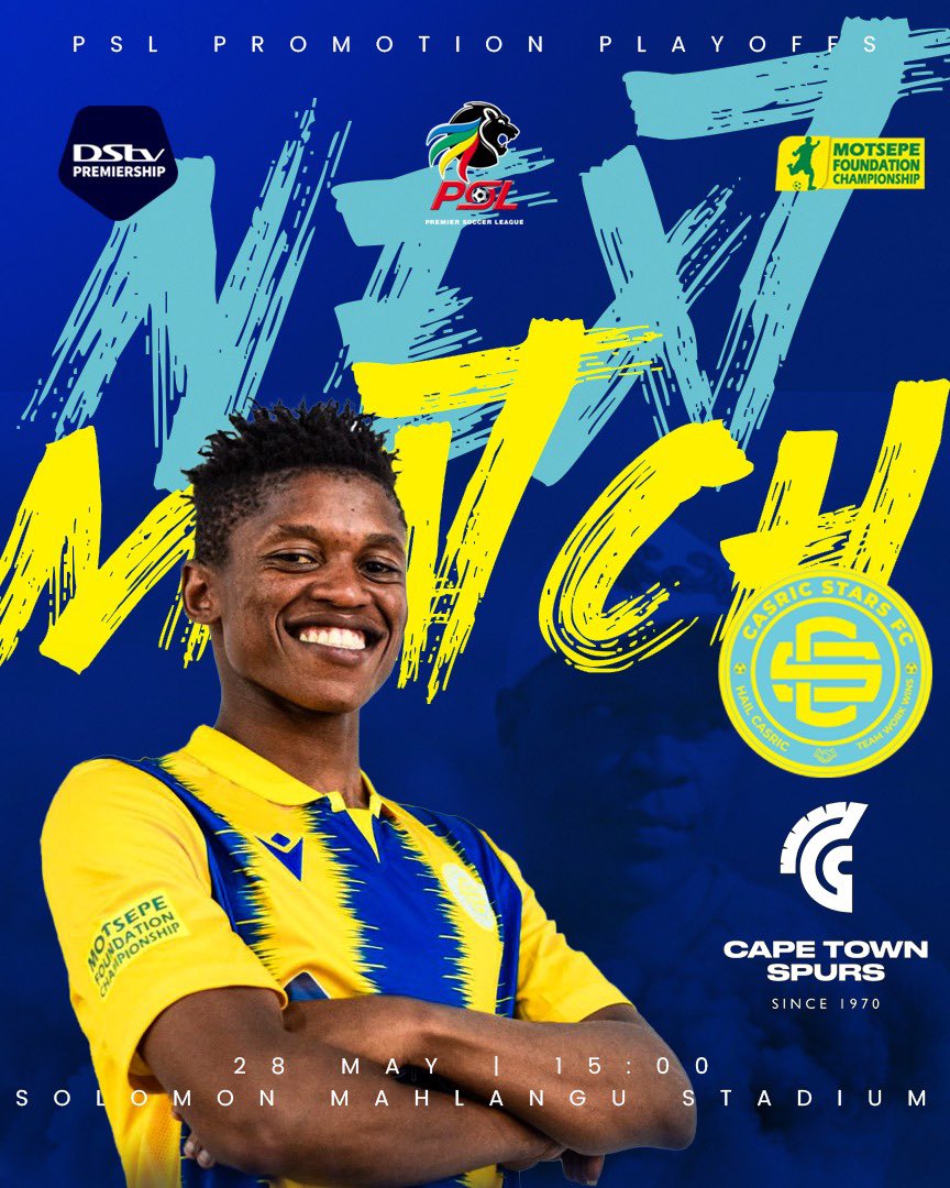 therealnativefc's tweet photo. Our first match of the promotional play-offs takes us home against Cape Town Spurs FC this Sunday 28th of May 2023, 15:00pm. 

ENTRANCE IS FREE❗️ 
📺 Live broadcast on Supersport for those who can’t make it. 

#casricstarsfc #vapfumeri #playoffs https://t.co/5Ab7lzvpvr