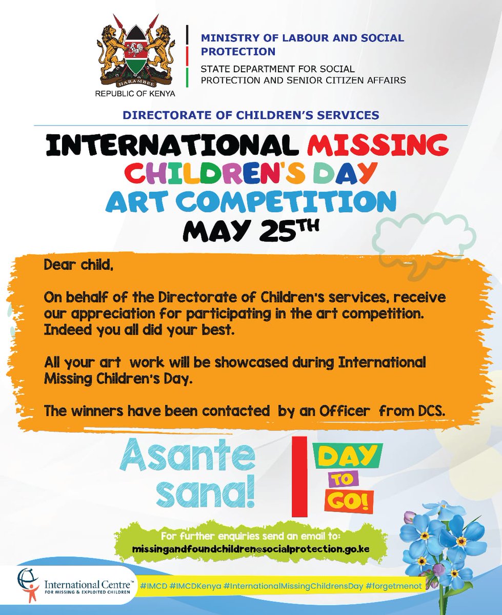 SP_Kenya's tweet photo. Dear Child,

Thank you for participating in the #Internationalmissingchildrensday art competition.

The artwork will be showcased during #IMCDKenya celebrations to be held tomorrow 25th May 2023. https://t.co/nfPRju0YHr