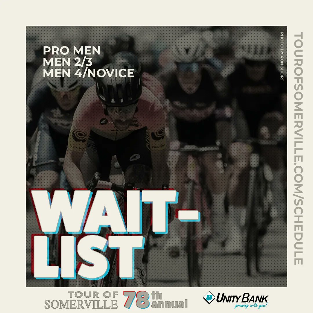 The following fields are full at this time: 
Pro Men
Men 2/3
Men 4/Novice

GET ON THE WAITLIST. Waitlists will be processed May 28th.
Register here: buff.ly/3BYtMNT  

#tourofsomerville #tos2023