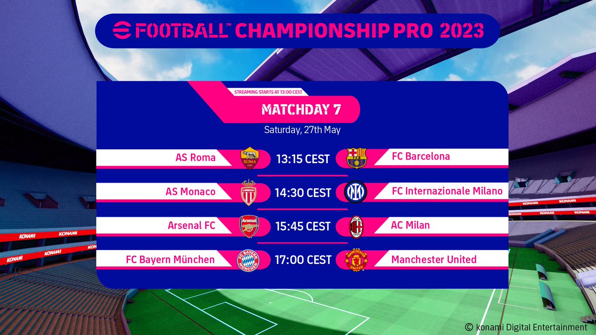 play_eFootball's tweet photo. The last #eFootballChampionshipPro Regular League's matchday is coming!
Can Arsenal keep their lead? Who will secure the coveted KO Stage spot: AS Roma, AC Milan or AS Monaco?
Don't miss the outcome next Sat. May 27th, at 13:00 CEST here ⬇️
https://t.co/NWdofVveTR
#eFootball https://t.co/1vc4tcFEk4