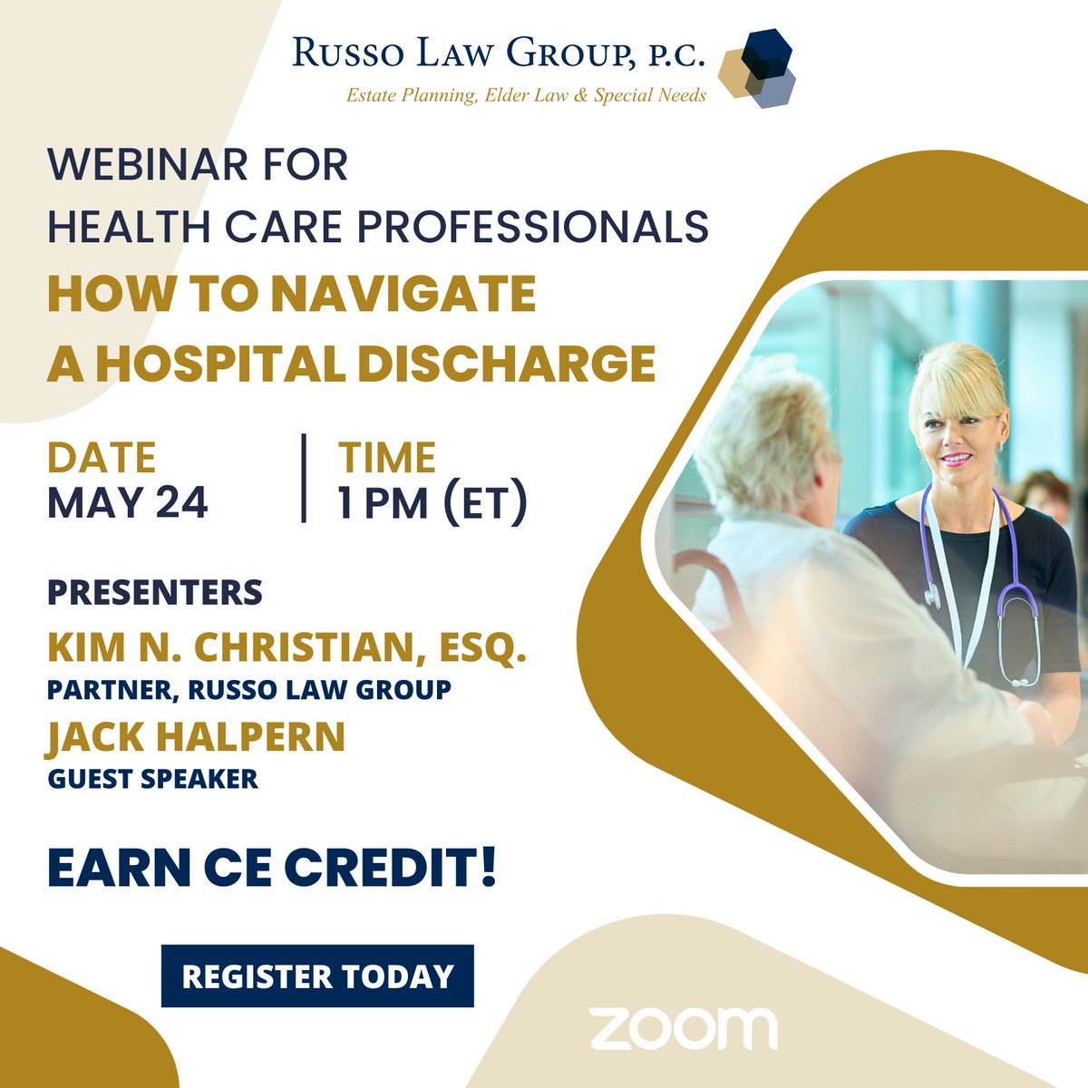 Join Kim Christian, Esq. & Jack Halpern, Elder Care Advocate, TODAY at 1pm for their webinar “How to Navigate a Hospital Discharge”. Register to attend, learn, & earn CE credit: buff.ly/3VqT1BB  #russolawgroup #healthcareprofessionals #webinar #cecredit #hospitaldischarge