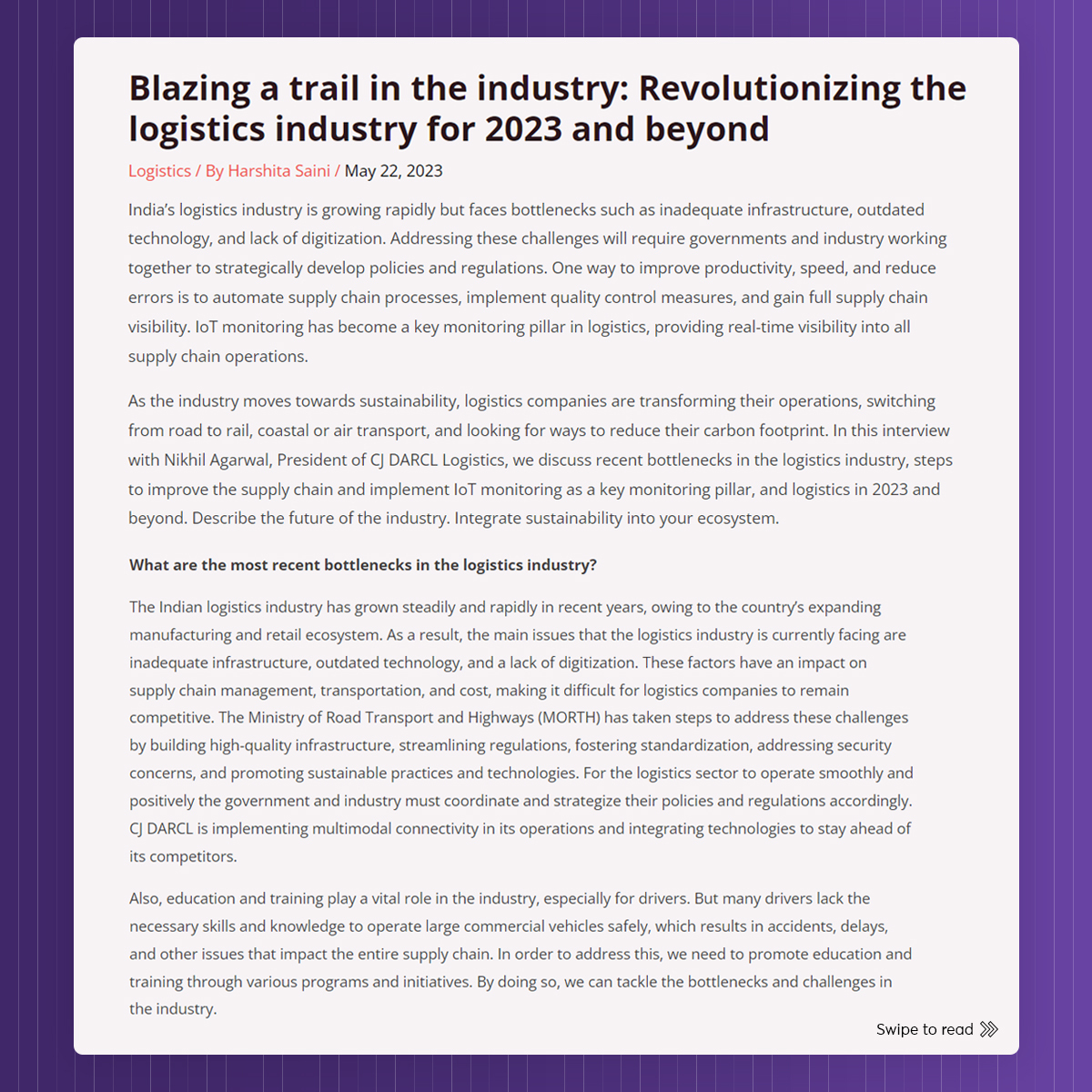 EoNoida's tweet photo. EO Noida's member, Nikhil Agarwal was recently interviewed by ET Edge Insights! The featured article covers his discussion of the bottlenecks in the logistics industry, steps to improve supply chains and implementation of IoT monitoring. Check out his valuable insights. https://t.co/XYDM1XSZIs