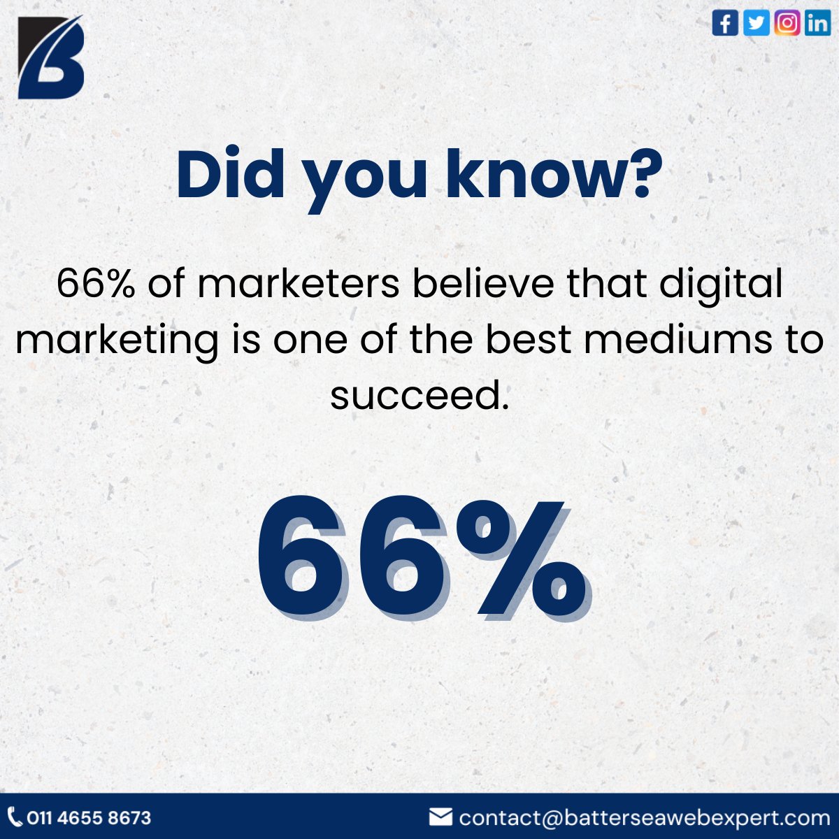 Did you know?

66% of marketers believe that digital marketing is one of the best mediums to succeed.

Follow:- @batterseaweb 

#DigitalMarketing #MarketingSuccess #DigitalStrategy #OnlineAdvertising #SocialMediaMarketing #DigitalCampaigns #DigitalSuccess #DigitalBrand