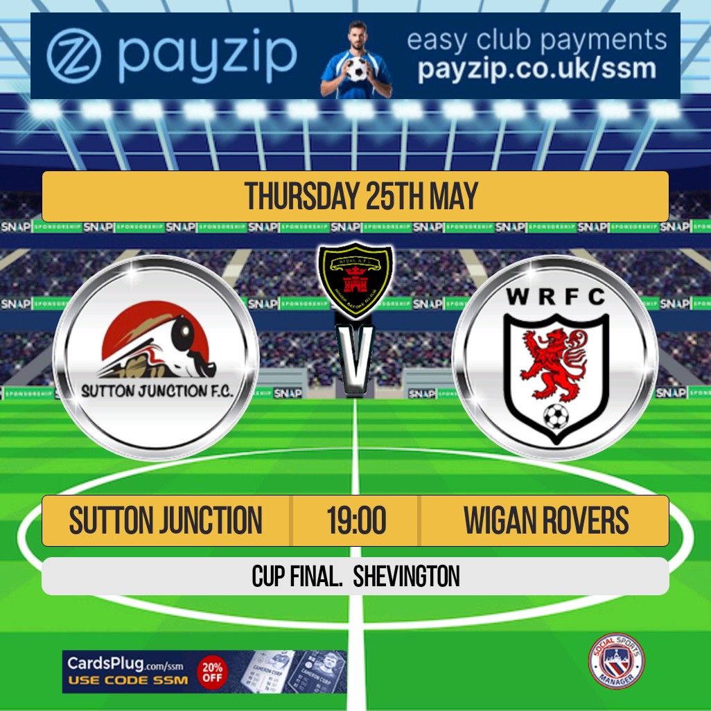 One more cup final to do @Junction_FC v wigan rovers fc Shevington 7pm kick off @WiganAmyLeague