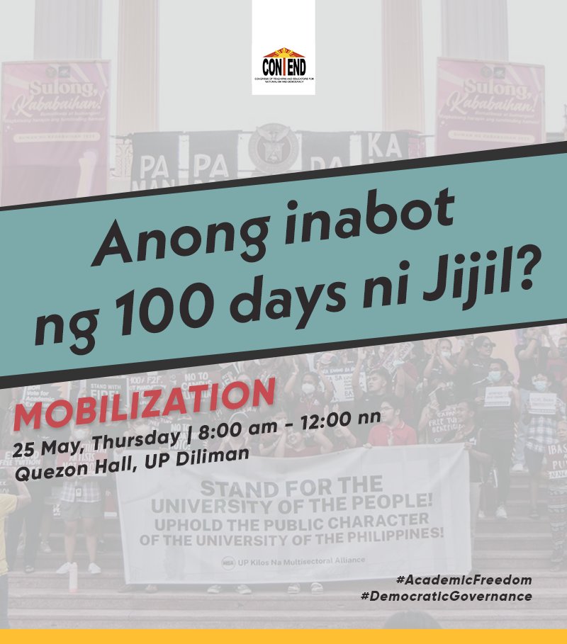 What has the 100-day administration of Angelo Jimenez achieved at the University of the Philippines? Join and participate! Here are our calls and campaigns:

#AcademicFreedom
#DemocraticGovernance
#CollectiveNegotiationAgreement
#UnionManagementMonitoringCommittee