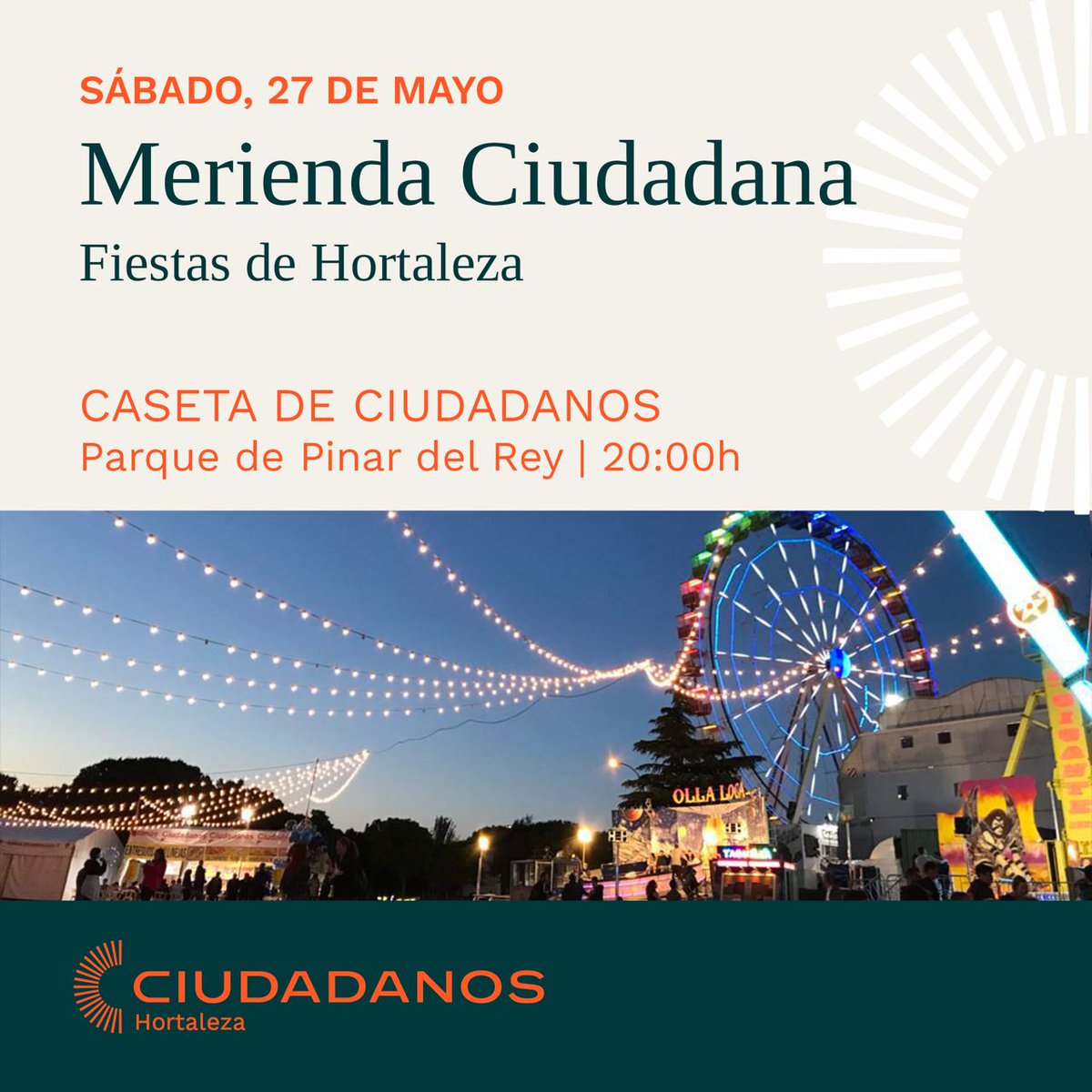 🟠 Merienda Ciudadana

🎉Este #FelizSábado vente a nuestra Caseta de Ciudadanos en las Fiestas de Primavera de Hortaleza 

📍Recinto ferial del parque de Pinar del Rey
🕛A partir de las 20:00h

#VivaLaVilla 
#EnMadridSomosDeVilla