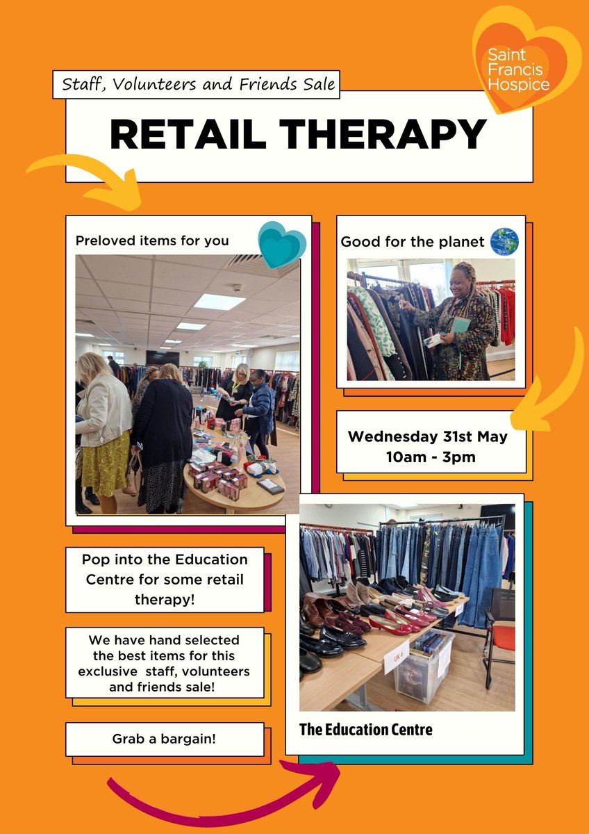 Visit the Hospice for some Retail Therapy🛍️

We've hand-picked some of our best donations for a special sale on Wednesday 31 May at the Education Centre at the hospice in Havering-atte-Bower.

Its free &amp; you don't have to book in advance: fb.me/e/2XqpJeXSE

#ThriftedFashion